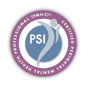 Round badge with a purple border reads "Certified Perinatal Mental Health Professional (PMH-C)" and features "PSI" with a stylized figure on a blue circle in the center.